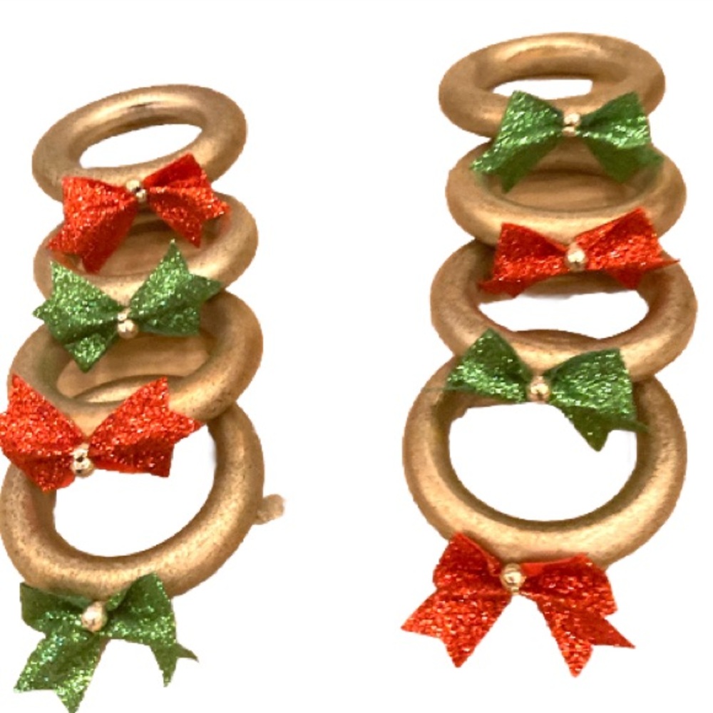 Christmas Holiday Festive Wood Napkin Rings with Shiny Red and Green Bows